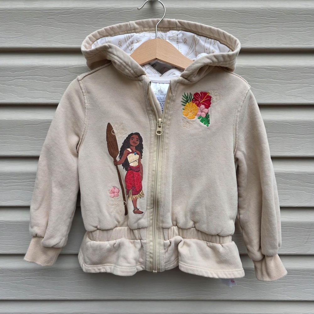 Disney Hoodie Girls 4 Beige Moana Graphic Full Zip Fleece Peplum Ruffle Hem